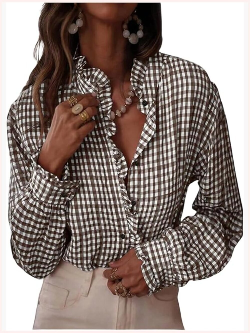 Plaid Button Down Shirt with Bishop Sleeves Ruffle Trim Mock Neck Blouse